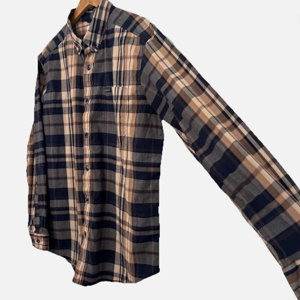 Columbia Men’s Large Taupe Navy Blue Plaid Long Sleeve Casual Button-Down Shirt - Picture 3 of 4